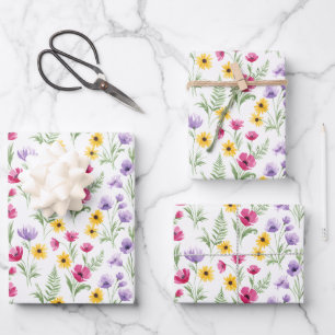 Hoja De Papel De Regalo Acuarela floral amarilla, morada y rosa bonita