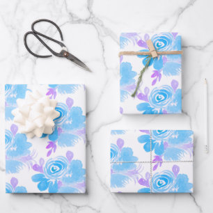 Hoja De Papel De Regalo Acuarela floral, azul púrpura brillante pintado a 