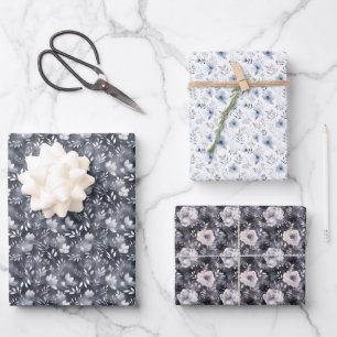 Hoja De Papel De Regalo Acuarela floral gris y blanca