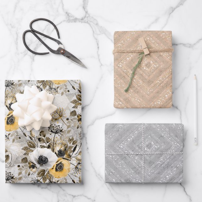 Hoja De Papel De Regalo Acuarela flores blancas, amarillas (Anverso)