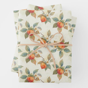 Hoja De Papel De Regalo Acuarela Fruta y Flores de Caqui