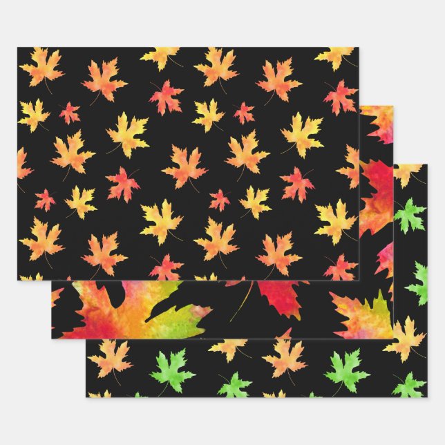 Hoja De Papel De Regalo Acuarela Maple Leaf Patrones de fondo negro (Set)