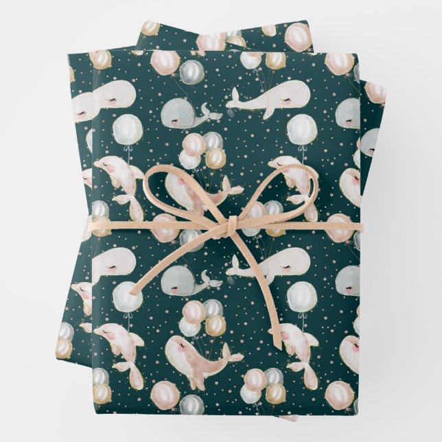 Hoja De Papel De Regalo Acuarela moderna de ballena delfín de globo marino (In situ)