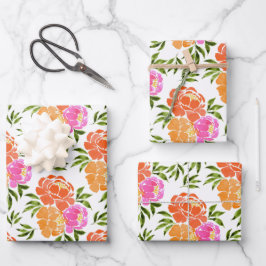 Hoja De Papel De Regalo Acuarela Naranja rosa caliente Floral