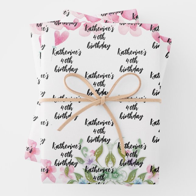 Hoja De Papel De Regalo Acuarela, nombre de guión floral de cumpleaños de  (In situ)