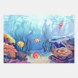 Hoja De Papel De Regalo Acuarela Océano marino Coral vivo y peces
