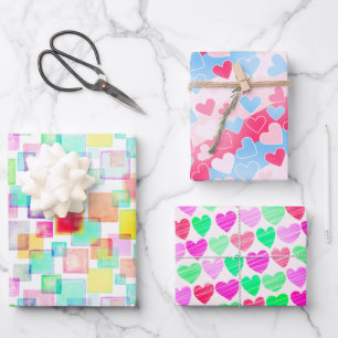 Hoja De Papel De Regalo Acuarela Pastel Corazones Colorido Elegante Modern