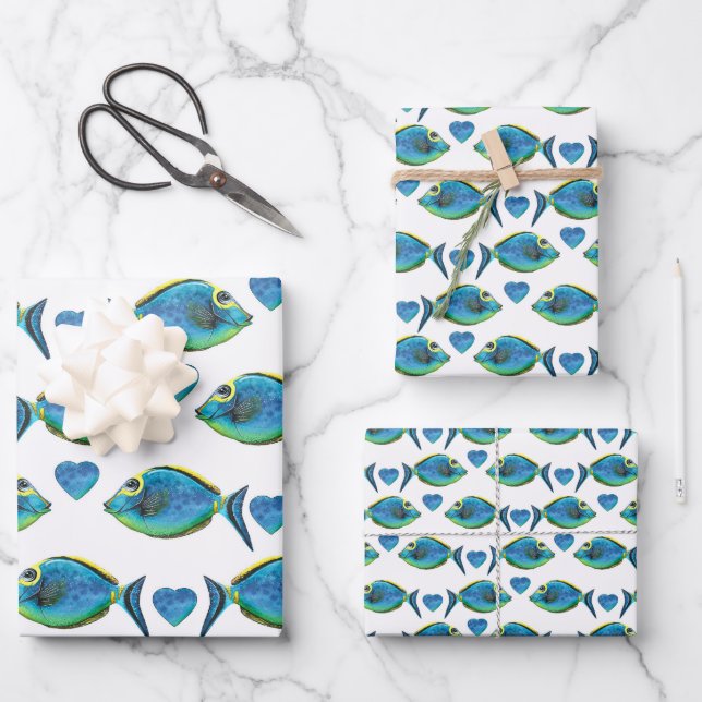 Hoja De Papel De Regalo Acuarela Pescado y Corazón Azul Tropical (Anverso)