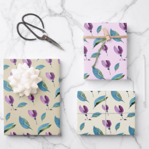 Hoja De Papel De Regalo Acuarela pintada a mano floral verde morado