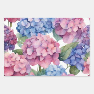 Hoja De Papel De Regalo Acuarela Púrpura, Azul, Flores De Hidrangea Rosa