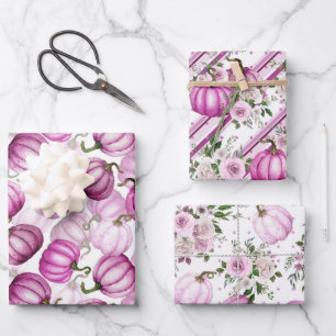 HOJA DE PAPEL DE REGALO ACUARELA ROSA OTOÑO CALABAZAS Y FLORES DE OTÑO