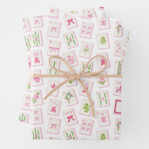 Hoja De Papel De Regalo Acuarela Rosa y Verde Bow Mahjong