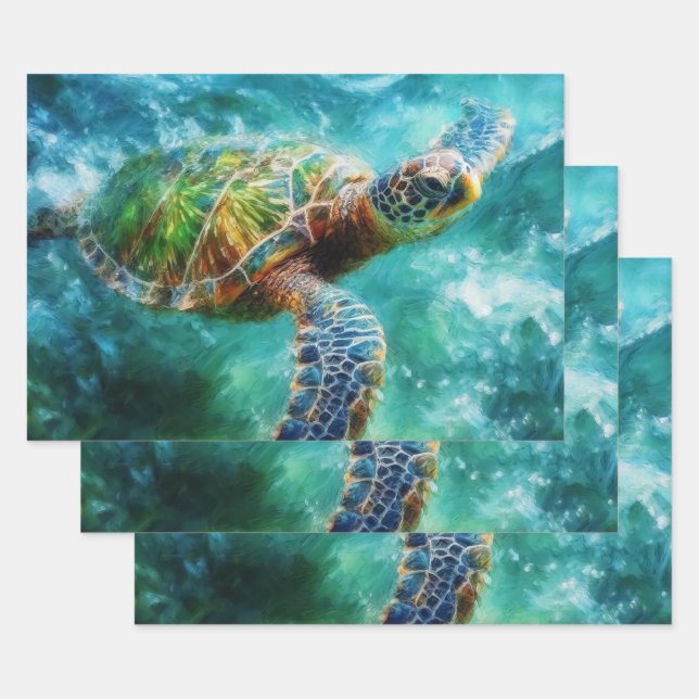 Hoja De Papel De Regalo Acuarela Tortuga de mar Natación (Set)