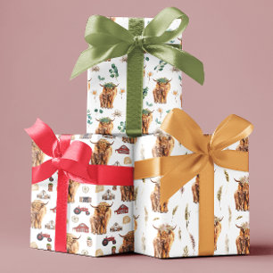 Hoja De Papel De Regalo Acuarela Vaca de las Tierras Altas y Ternero