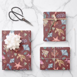 Hoja De Papel De Regalo Acuarela Vida Oceánica Sangría Gris Texturizada