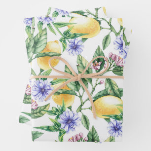 Hoja De Papel De Regalo Acuarelas Limones, Flor de Limón y Centaureas