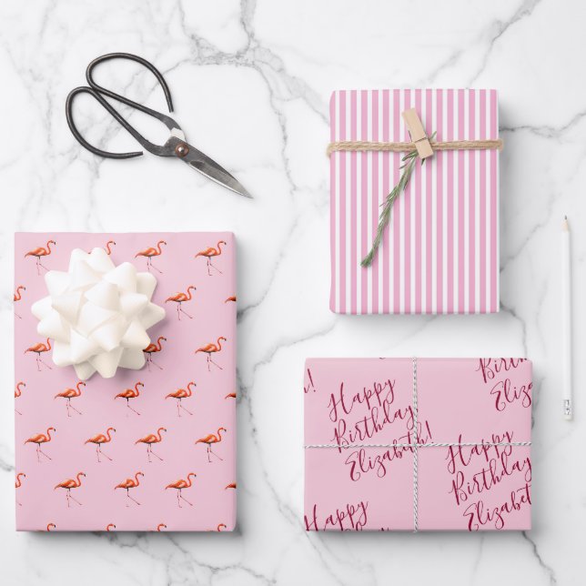 Hoja De Papel De Regalo Add Your Message 3 Sheets Pink Flamingo (Anverso)