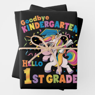 Hoja De Papel De Regalo Adiós Kindergarten Hola primer grado Unicornio