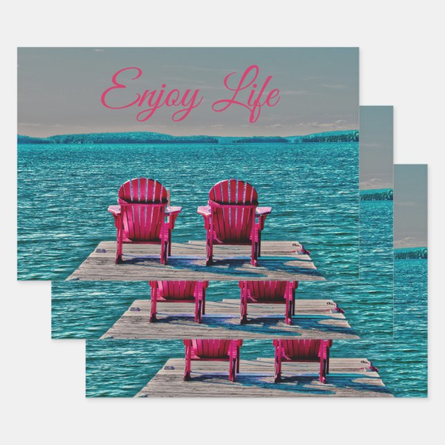 Hoja De Papel De Regalo Adirondack Beach Chairs Rústico Verde azulado disf (Set)