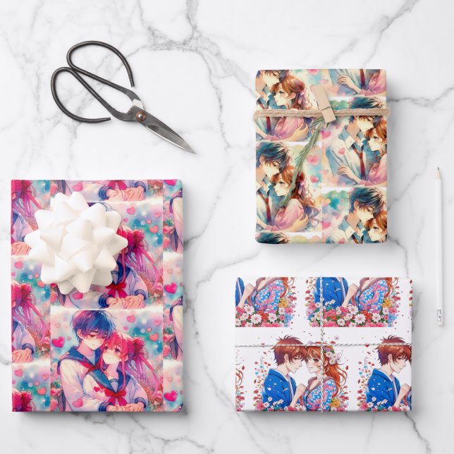 Hoja De Papel De Regalo Adorable Anime Boy y Chicas Rojos (Anverso)