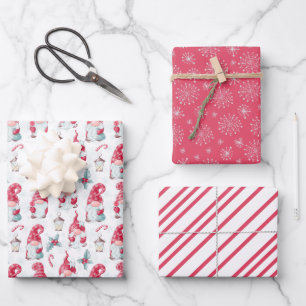 Hoja De Papel De Regalo Adorable Gnome de Navidad Copos de Nieve Rayas Com