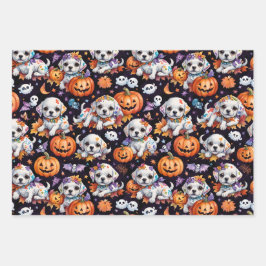 Hoja De Papel De Regalo Adorables cachorros y gatitos de Halloween en acua