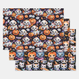 Hoja De Papel De Regalo Adorables cachorros y gatitos de Halloween en acua