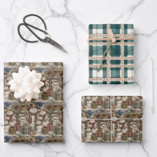 Hoja De Papel De Regalo Adorables muñecos de nieve rústicos y cuadros coun