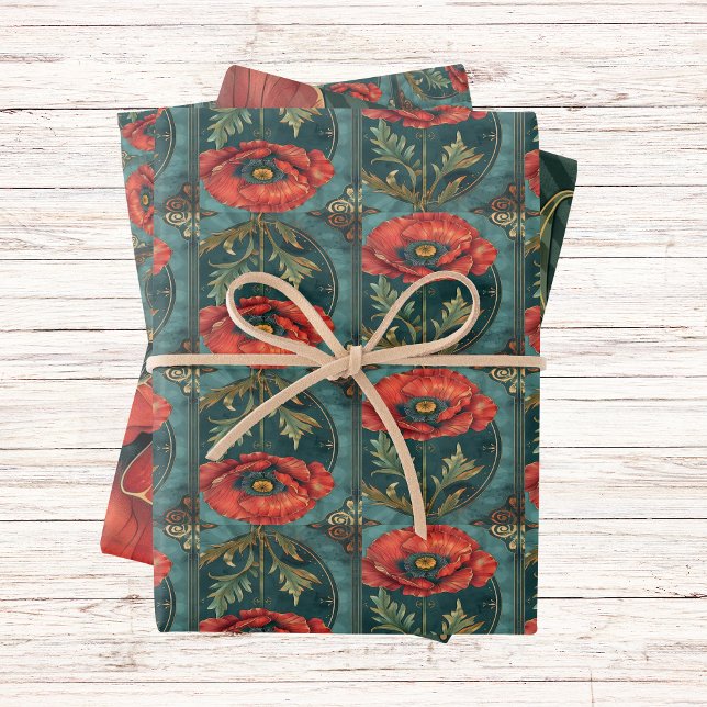 Hoja De Papel De Regalo Adormidera con marco verde Art Decó (Subido por el creador)