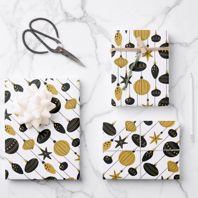 Hoja De Papel De Regalo Adornos de Navidad de Oro Negro (Anverso)