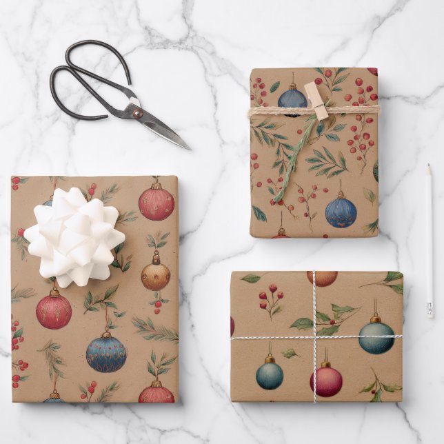 Hoja De Papel De Regalo Adornos de Navidad Marrón  (Anverso)