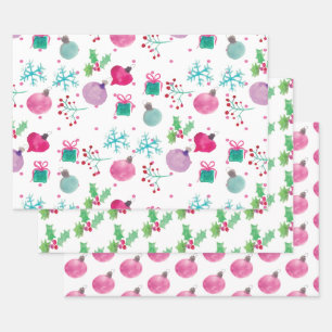 Hoja De Papel De Regalo Adornos Navideños de Mano Pintados con Acuarela Co