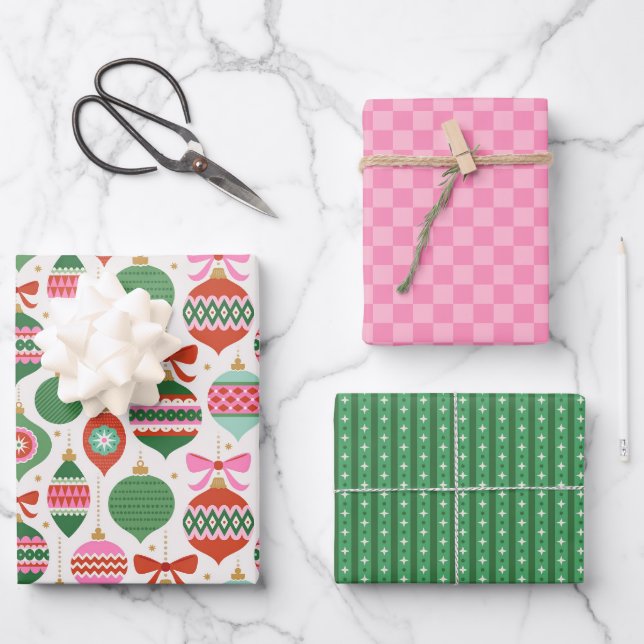 Hoja De Papel De Regalo Adornos Navideños Retro Scandi - Verde Rojo Blanco (Anverso)