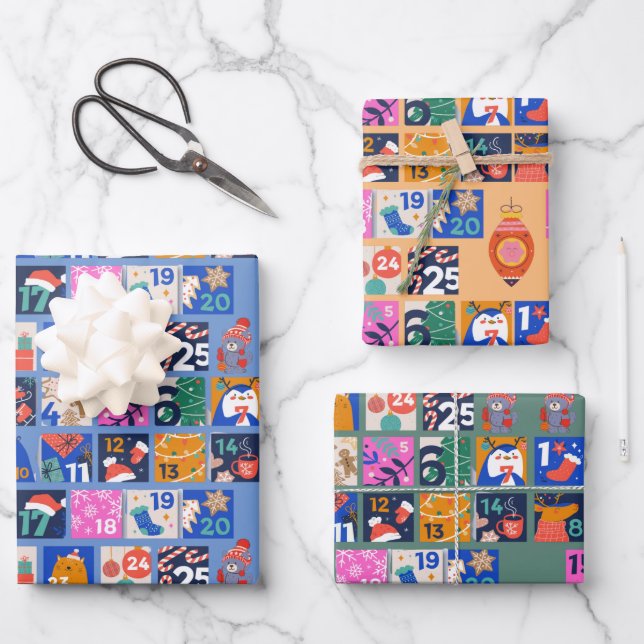 Hoja De Papel De Regalo ADVENT CALENDAR Escandinavia Folk Art Hygge 3 col (Anverso)