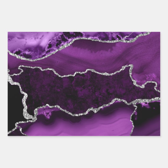 Hoja De Papel De Regalo Agante de mármol Purpurina morado y falso plateado (Anverso)