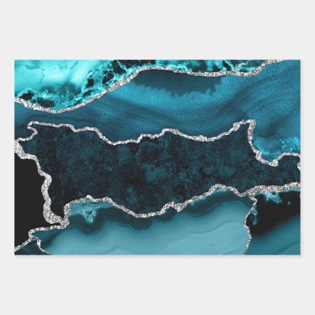 Hoja De Papel De Regalo Ágata de mármol con brillo teal y falso plata (Anverso)