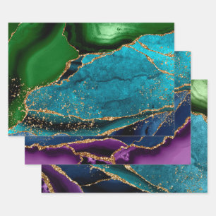 Hoja De Papel De Regalo Ágata Pavón Glitter Azul, Verde y Púrpura y Dorado