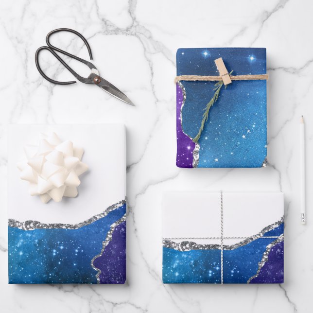 Hoja De Papel De Regalo Agate Blue Purple Pink Silver Purpurina Fancy Boni (Anverso)