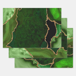 Hoja De Papel De Regalo Agate Purpurina de Faux Green y Gold