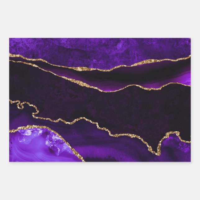 Hoja De Papel De Regalo Agate Purpurina de lujo Purple Gold Feliz cumpleañ (Anverso)