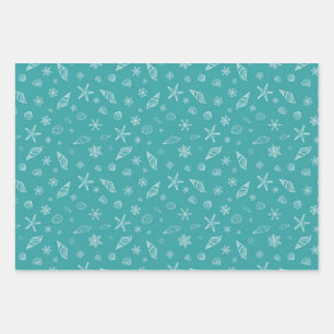 Hoja De Papel De Regalo Agujas marinas y copos de nieve con verde marino
