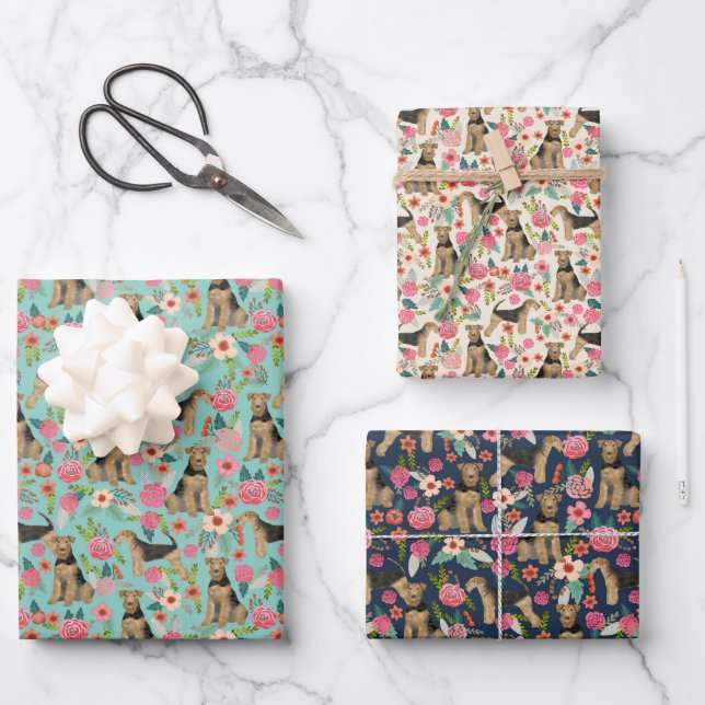 Hoja De Papel De Regalo Airedale Terrier Dog Floral (Anverso)