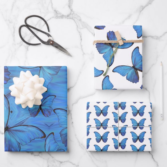 Hoja De Papel De Regalo Ajuste de regalo Mariposas Morfo Azul (Anverso)