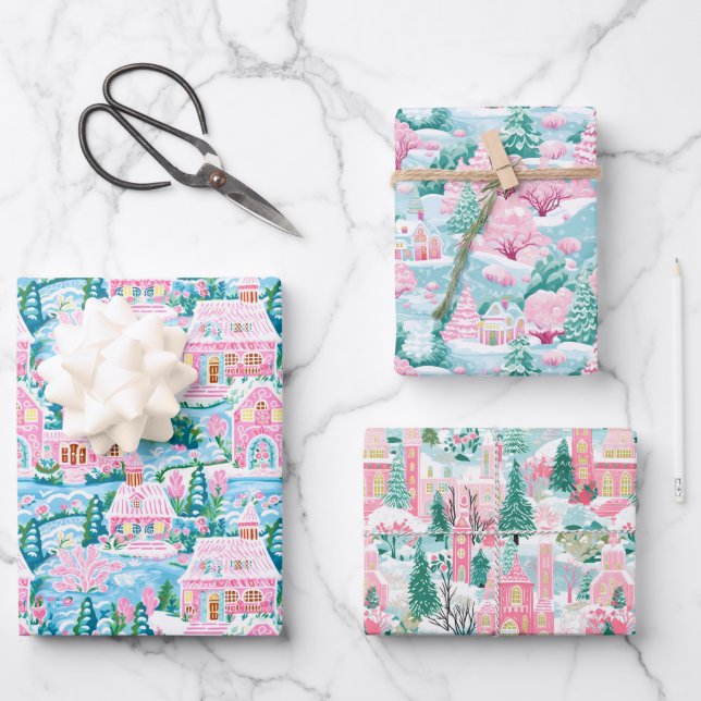 Hoja De Papel De Regalo Aldea de Navidades rosas y azules (Anverso)