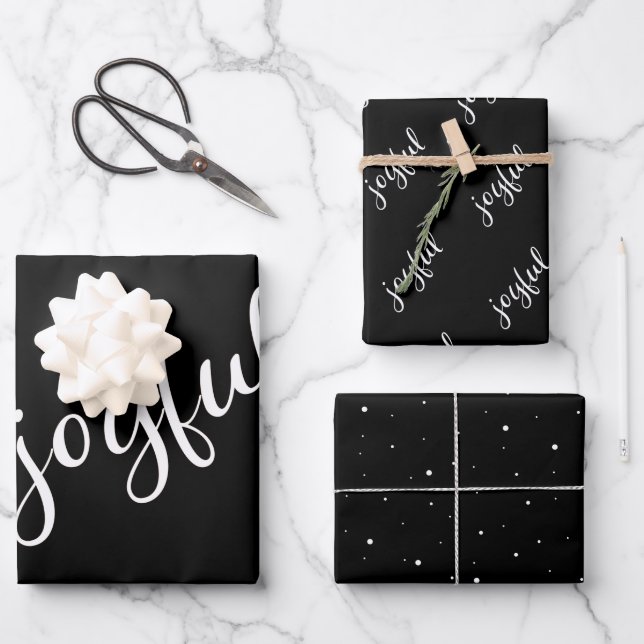 Hoja De Papel De Regalo Alegría Script Copo de nieve Negro y Blanco Fiesta (Anverso)