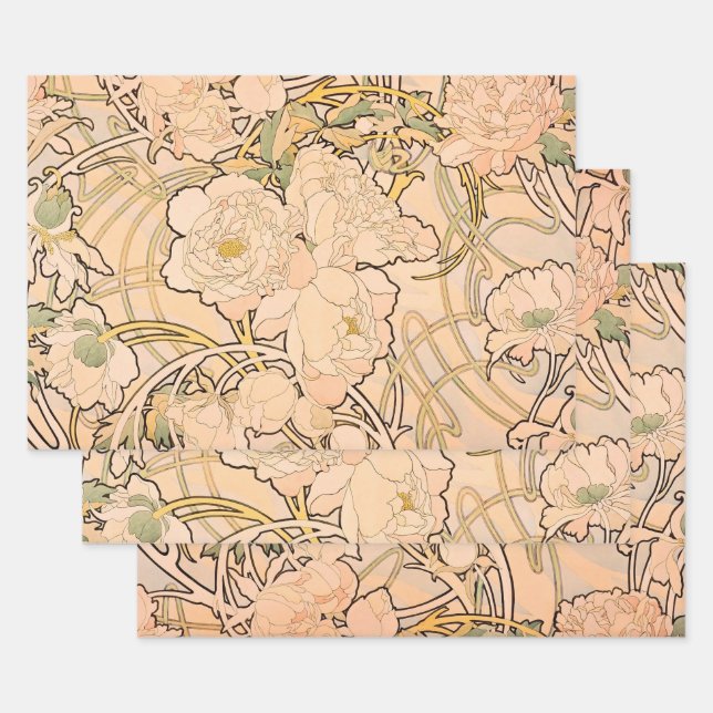 Hoja De Papel De Regalo Alfonse Mucha Art Nouveau Peonies (Set)