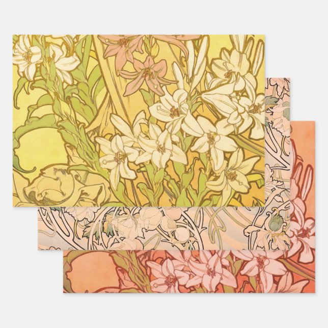Hoja De Papel De Regalo Alfonse Mucha Flores de lirio Art Nouveau (Set)