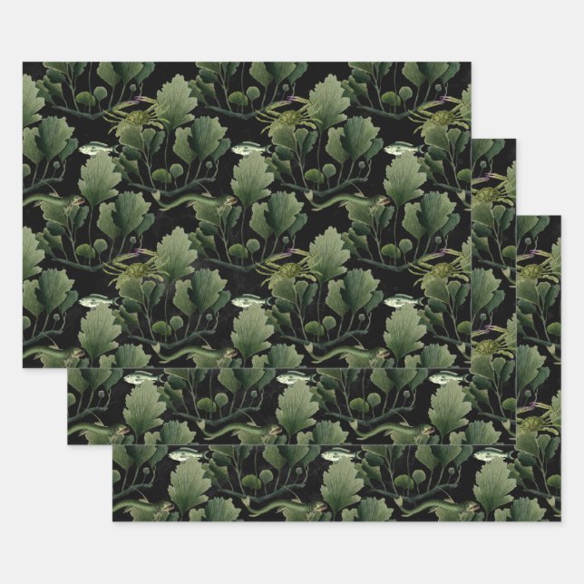 Hoja De Papel De Regalo Algas marinas y peces en negro (Set)