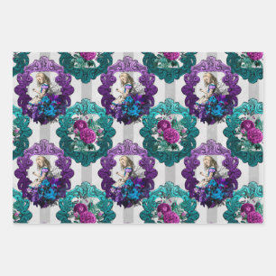 Hoja De Papel De Regalo Alicia con marcos verdes púrpura en el país de las