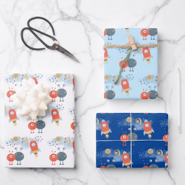 Hoja De Papel De Regalo Aliens Spaceships Boy Cumpleaños Azul Blanco (Anverso)